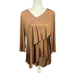 Chico's Travelers Liquid Shimmer Sz Large Bronze Tiered Stretch V-Neck